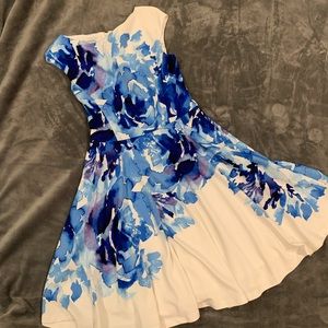 Maggie London watercolor blue and white dress